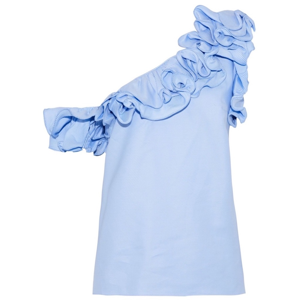 Petersyn Arabella Ruffled One Shoulder Light Blue & White Stripe Blouse Top - Picture 3 of 10